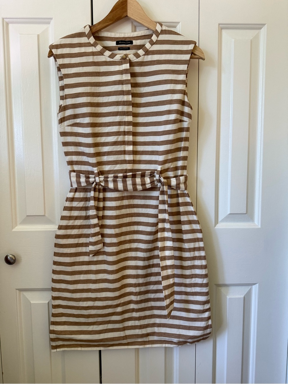Massimo Dutti Beige and White Striped Sleeveless Belted Mini Dress
